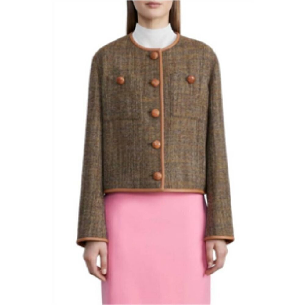 Lafayette 148 New York Highlands Leather Trim Wool Boucle Tweed Jacket Large